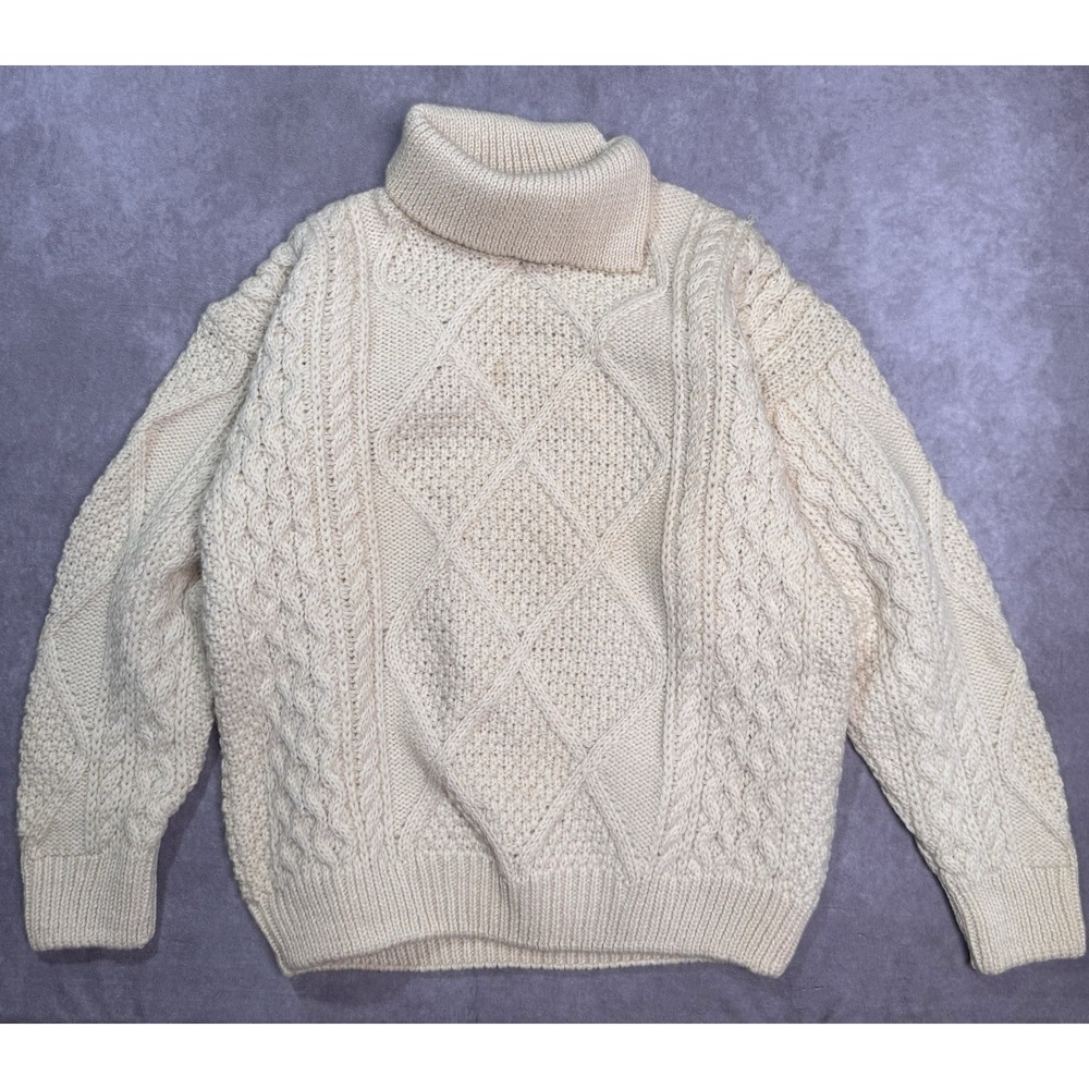 Oak Tree Original Vintage Cable Knit Chunky Fisherman Wool Sweater Beige Sz L